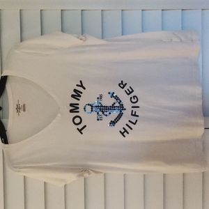 Tommy Hilfiger extra large white T-shirt w/navy writing & blue sequins